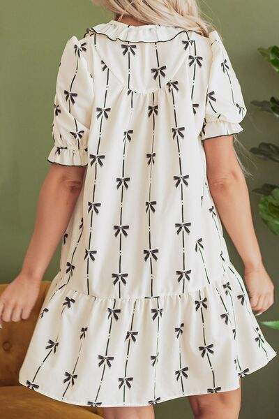 Frill Bow Print Notched Short Sleeve Mini Dress - Trendsi - Flyclothing LLC
