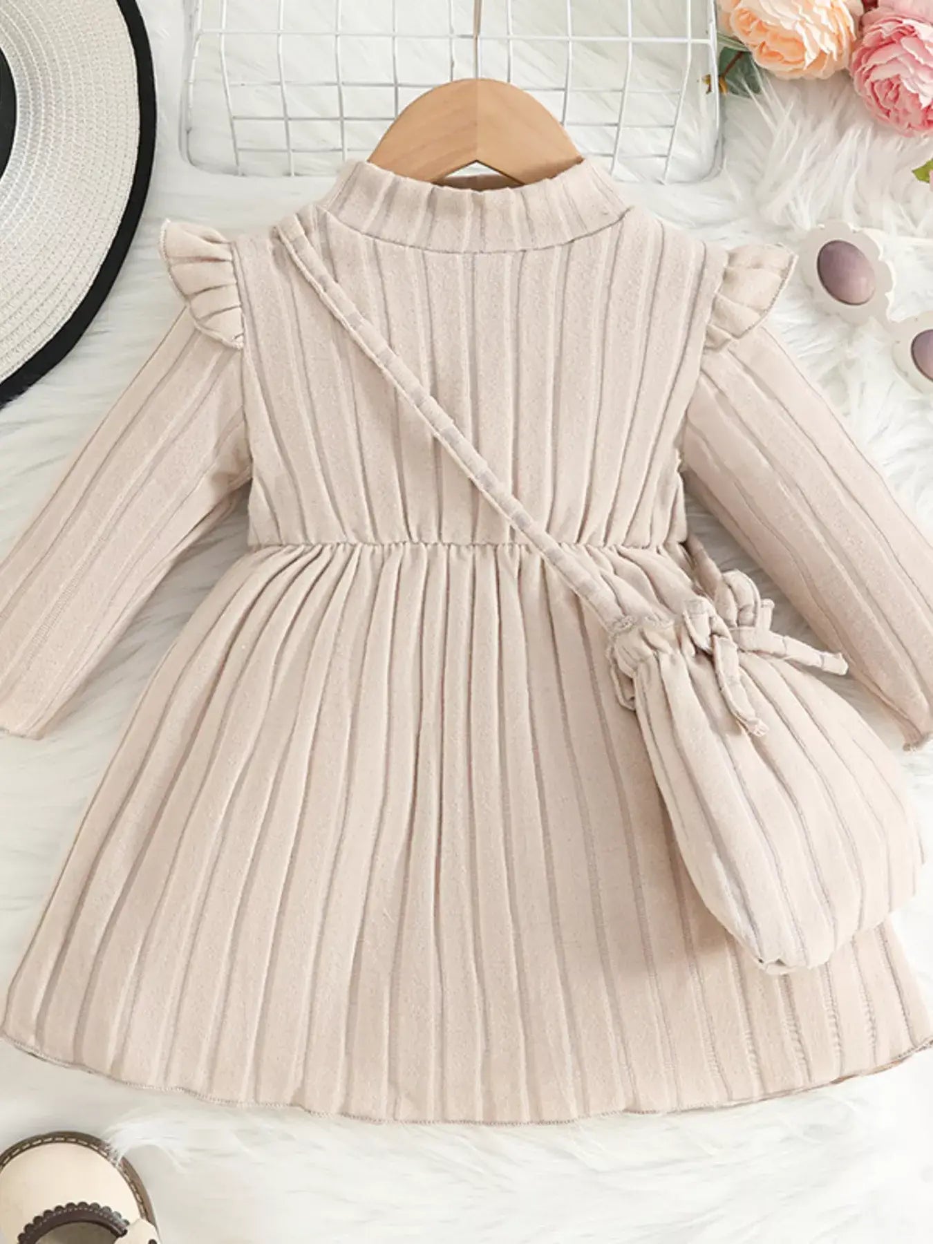 Children's Ribbed Knit Ruffle Trim Dress with Bag - Trendsi - Flyclothing LLC