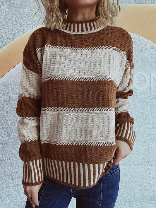 Contrast Round Neck Long Sleeve Sweater - Trendsi