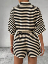 Tie Waist Half Button Striped Romper - Trendsi - Flyclothing LLC