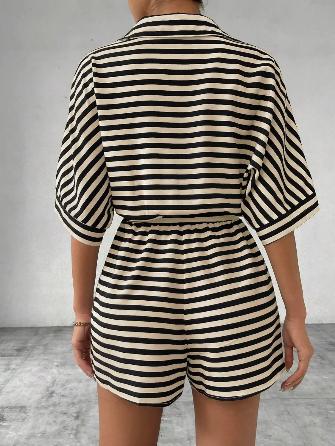 Tie Waist Half Button Striped Romper - Trendsi - Flyclothing LLC