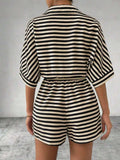 Tie Waist Half Button Striped Romper - Trendsi - Flyclothing LLC