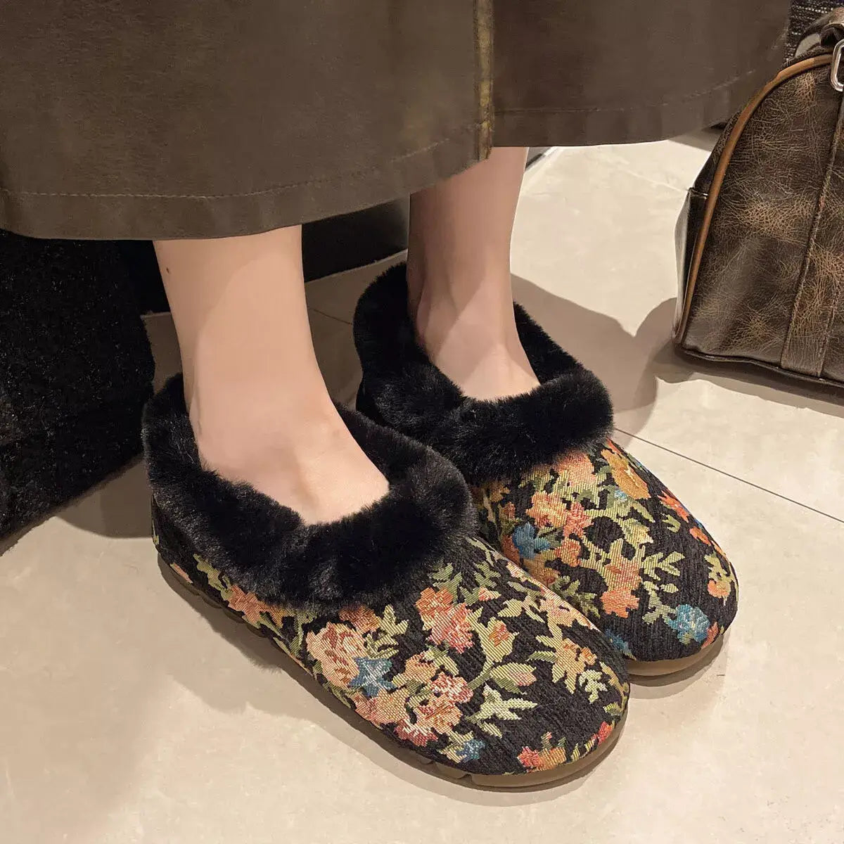 Floral Pattern Plush Lined Slip-Ons - Trendsi - Flyclothing LLC