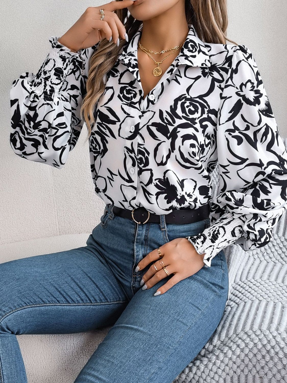 Printed Collared Neck Lantern Sleeve Shirt - Trendsi