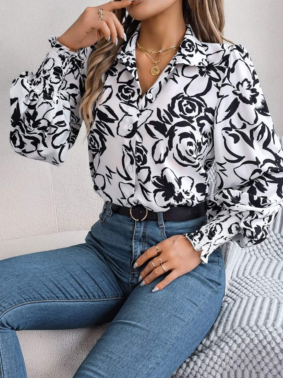 Printed Collared Neck Lantern Sleeve Shirt - Trendsi - Flyclothing LLC