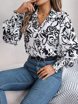 Printed Collared Neck Lantern Sleeve Shirt - Trendsi - Flyclothing LLC