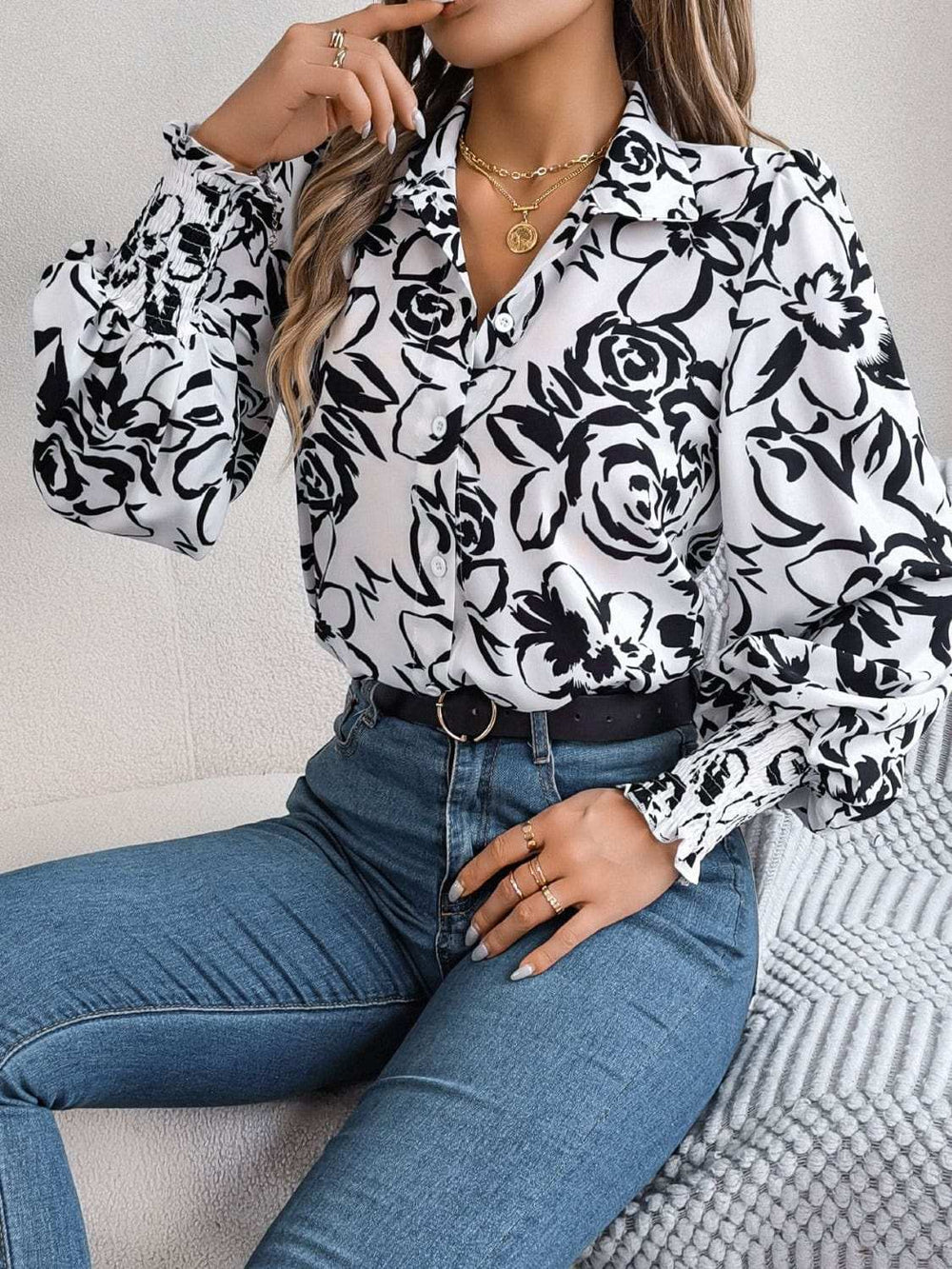 Printed Collared Neck Lantern Sleeve Shirt - Trendsi - Flyclothing LLC