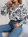 Printed Collared Neck Lantern Sleeve Shirt - Trendsi - Flyclothing LLC
