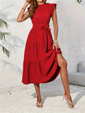 Frill Mock Neck Ruffled Cap Sleeve Midi Dress - Trendsi - Flyclothing LLC