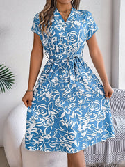Printed V-Neck Short Sleeve Dress - Trendsi