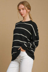 Umgee Wool Blend Striped Round Neck Sweater - Trendsi - Flyclothing LLC