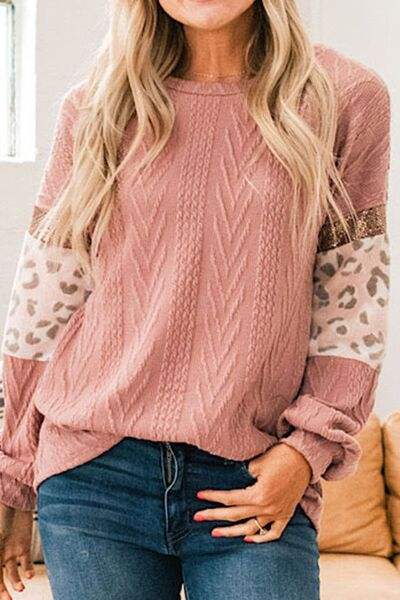 Sequin Leopard Round Neck Long Sleeve Sweater - Trendsi - Flyclothing LLC