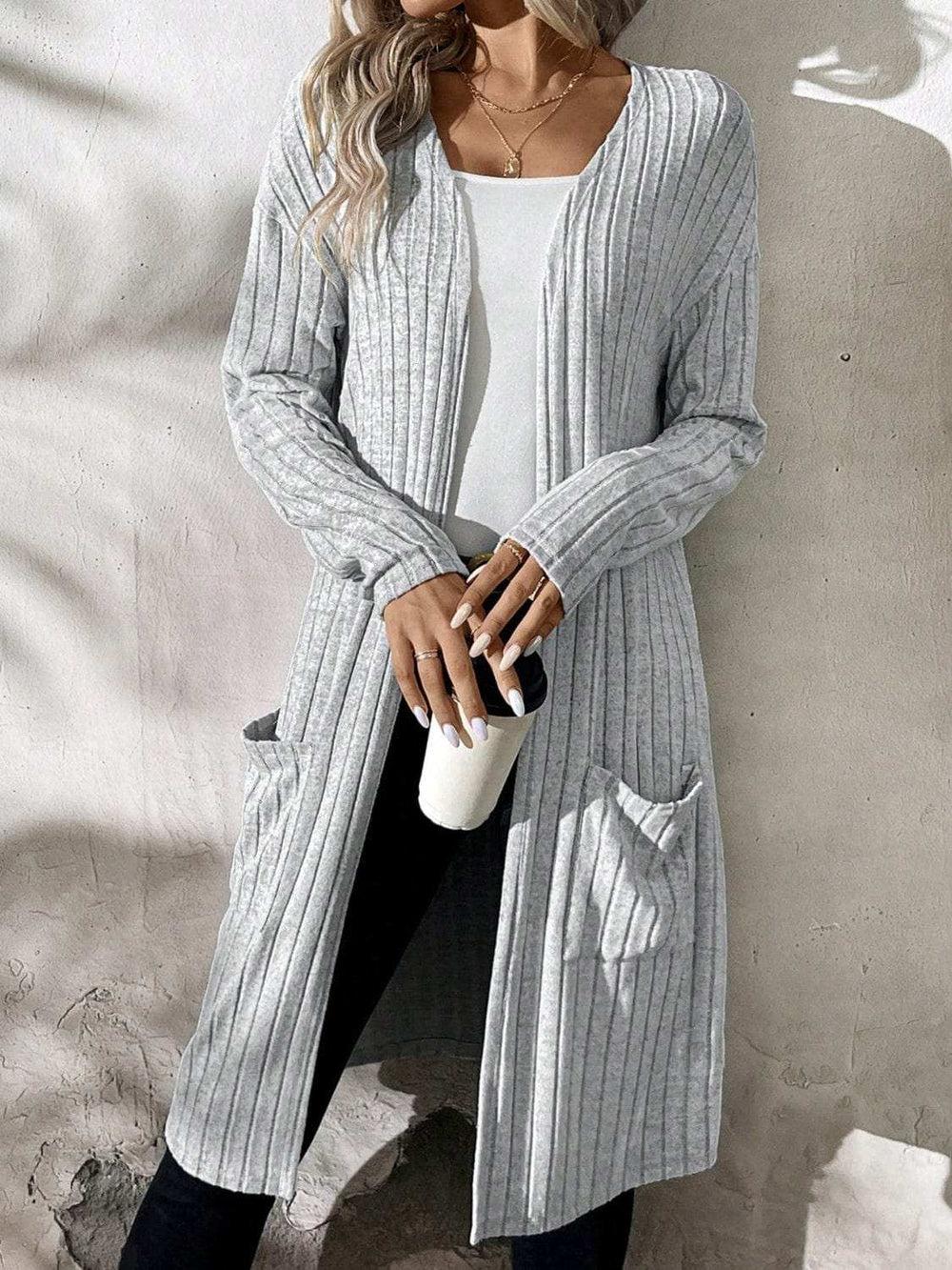 Ribbed Open Front Long Sleeve Cardigan with Pockets - Trendsi - Flyclothing LLC