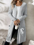 Ribbed Open Front Long Sleeve Cardigan with Pockets - Trendsi - Flyclothing LLC