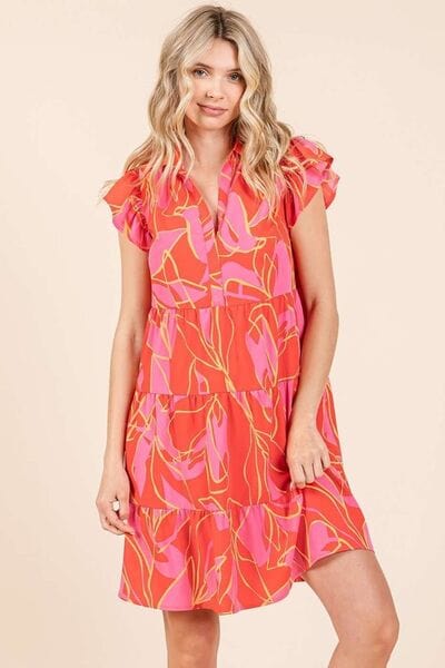 Mittoshop Leaf Print Ruffle Sleeve Tiered Mini Dress - Trendsi