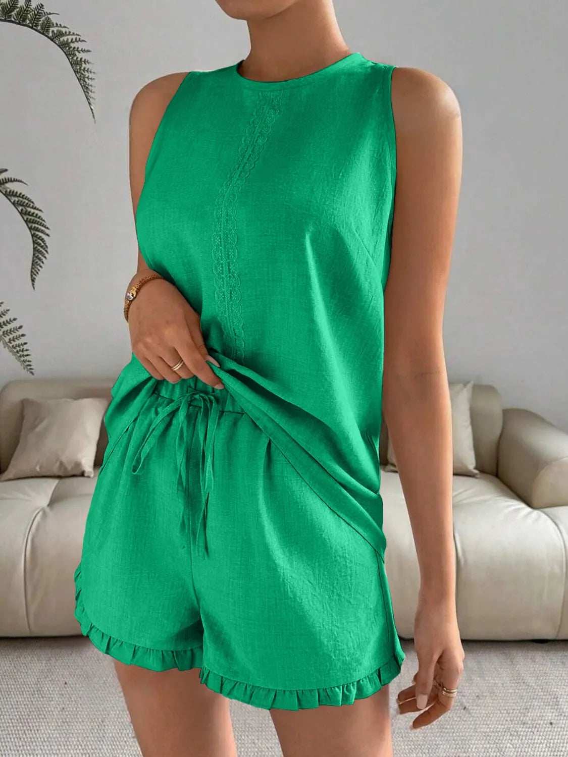 Lace Detail Round Neck Tank and Shorts Set - Trendsi - Flyclothing LLC