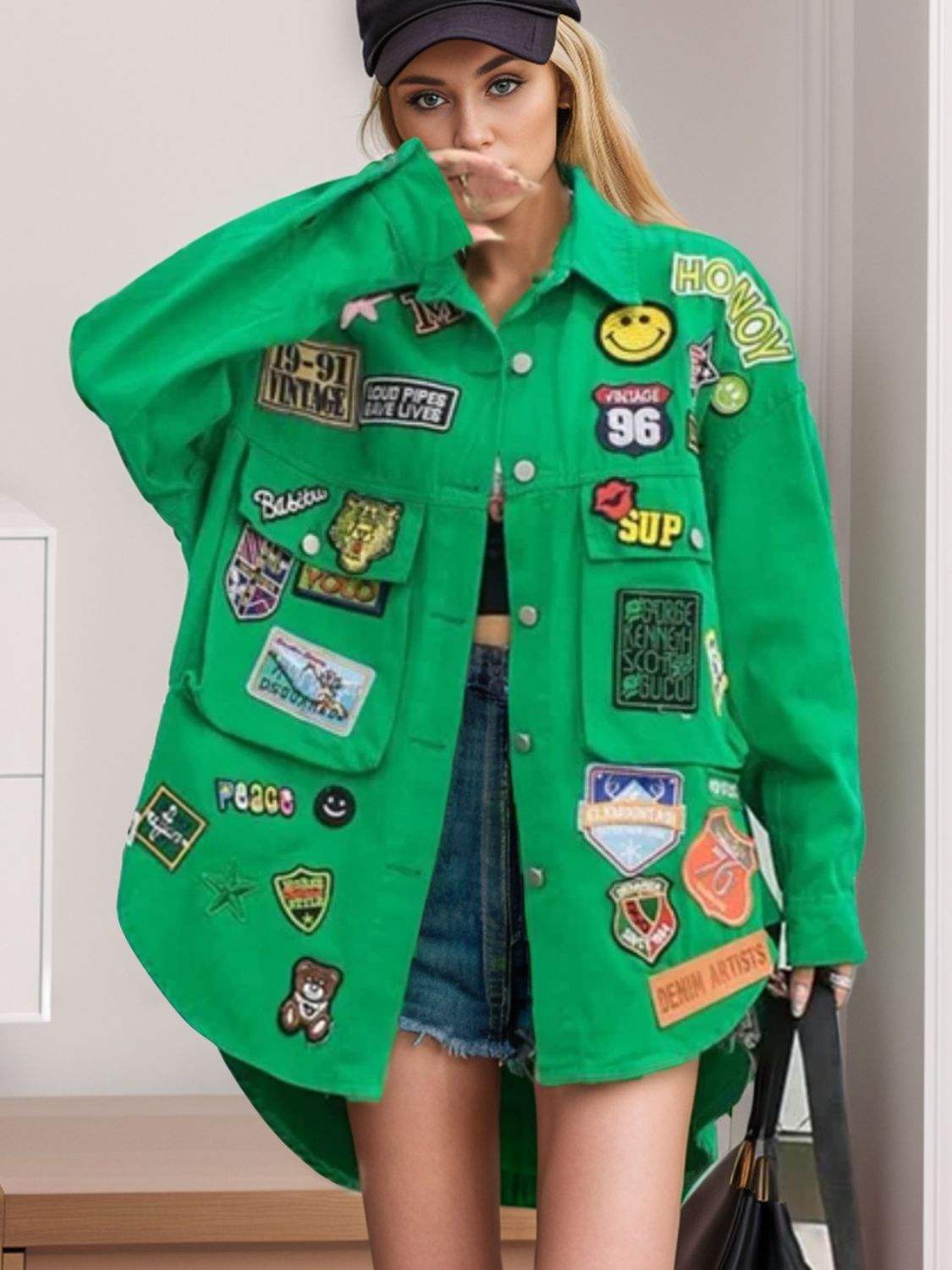 Embroidered Patch Button Up Long Sleeve Denim Jacket - Trendsi - Flyclothing LLC