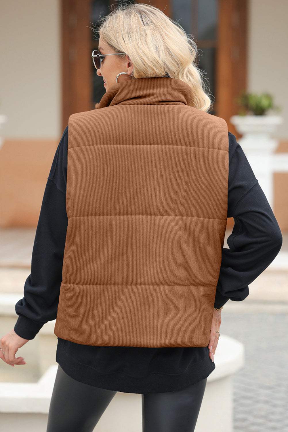 Pocketed Zip Up Turtleneck Vest Coat - Trendsi - Flyclothing LLC