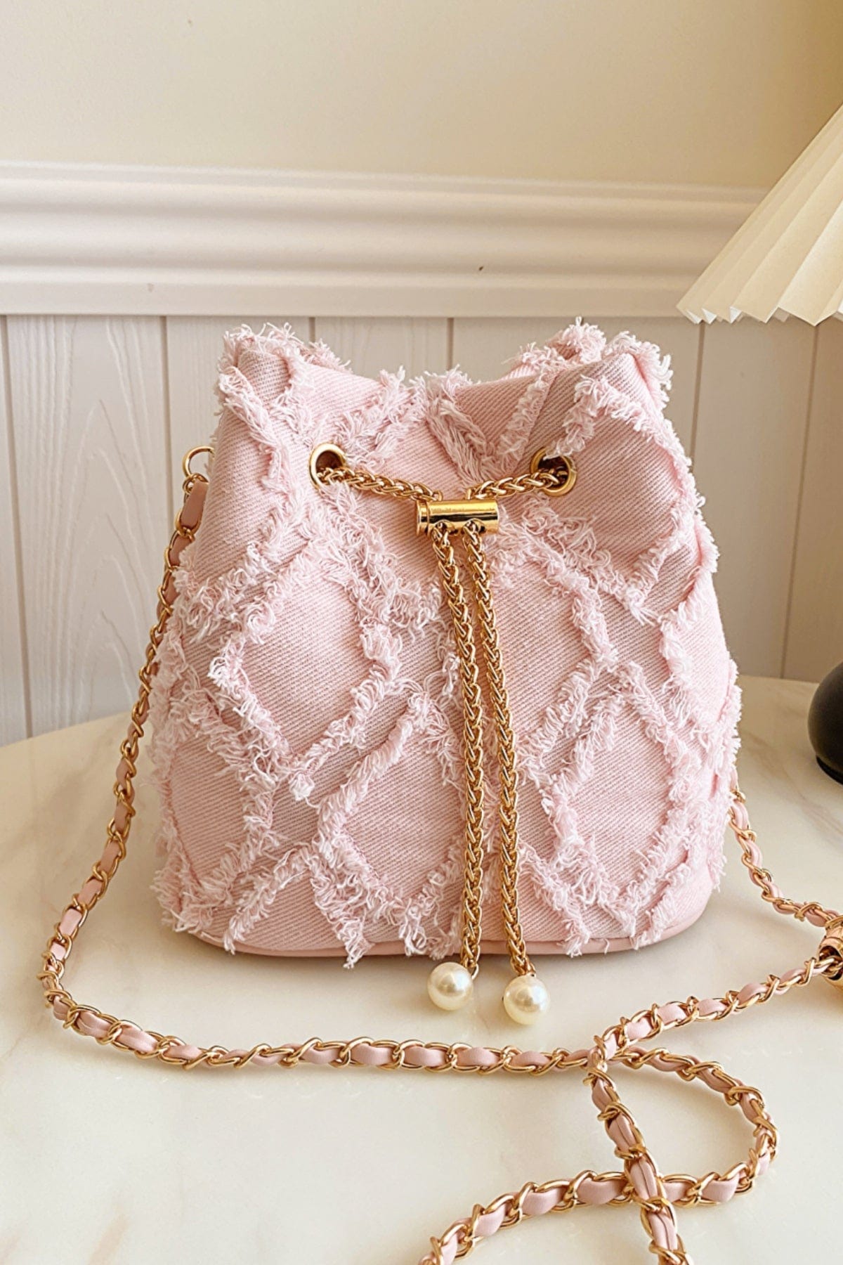 Chain Drawstring Raw Edge Denim Bucket Bag - Trendsi