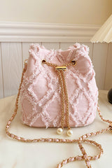 Chain Drawstring Raw Edge Denim Bucket Bag - Trendsi