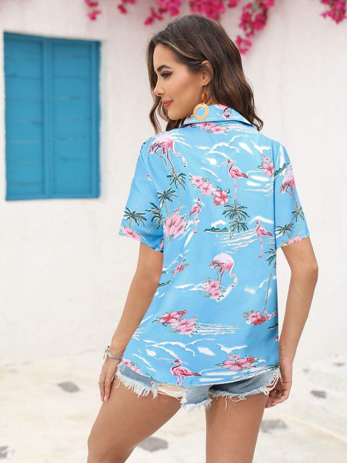 Printed Collared Neck Short Sleeve Shirt - Trendsi - Flyclothing LLC