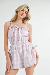 MABLE Plaid Sleeveless Button Down Romper - Trendsi - Flyclothing LLC