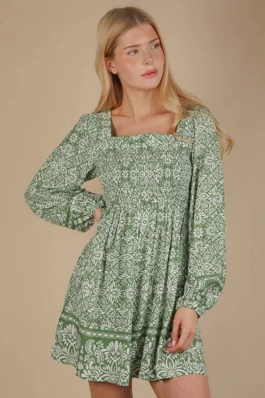 VERY J Printed Smocked Chest Boho Mini Dress - Trendsi