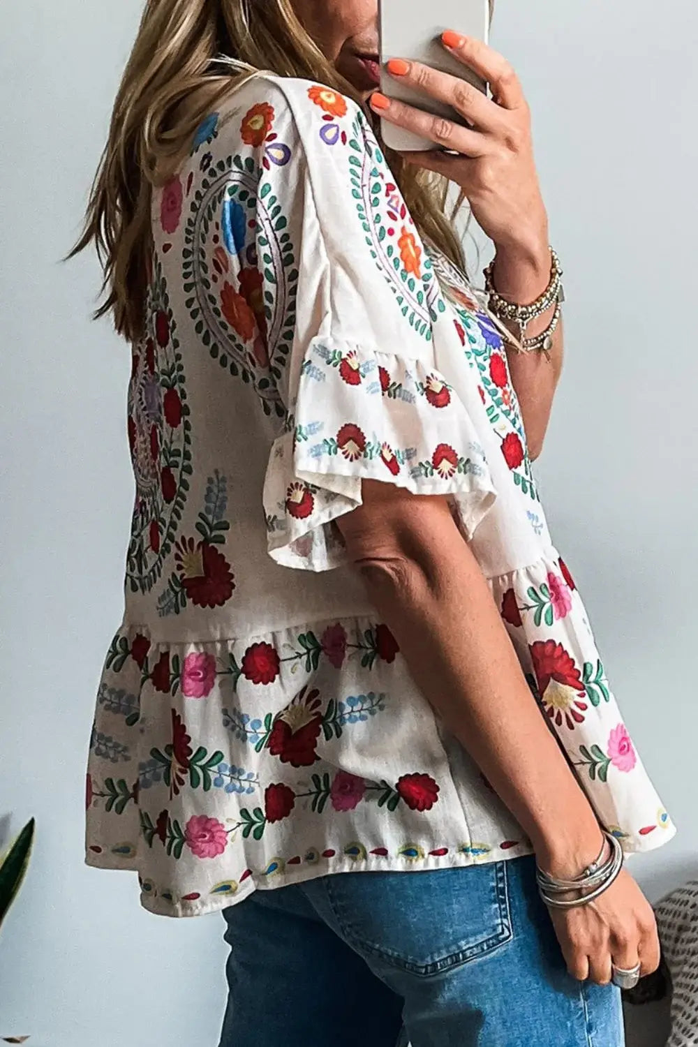 Floral Print Round Neck Ruffle Trim Blouse - Trendsi - Flyclothing LLC