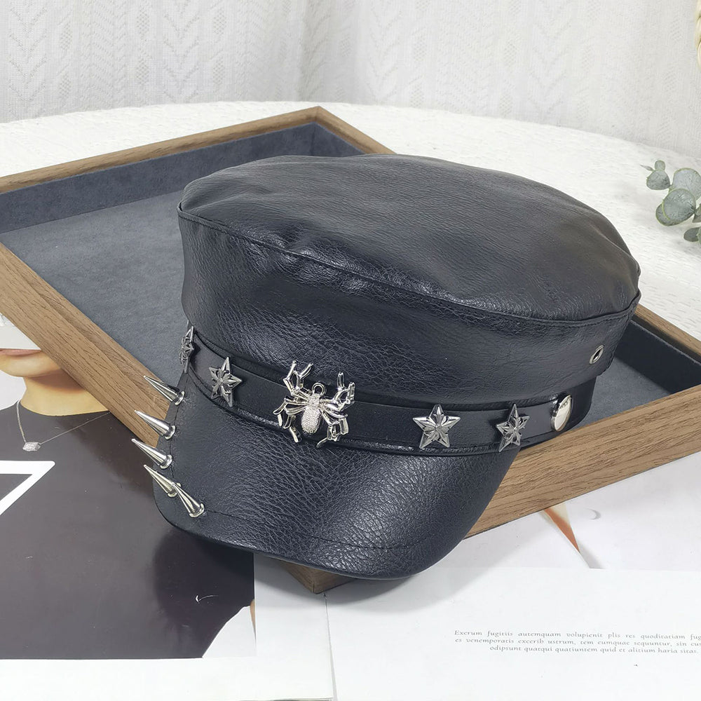 Punk Chain Rivet PU Newsboy Hat, Cool And Bold Girl Style Navy Hat, Halloween Dark-themed Outfit Hat