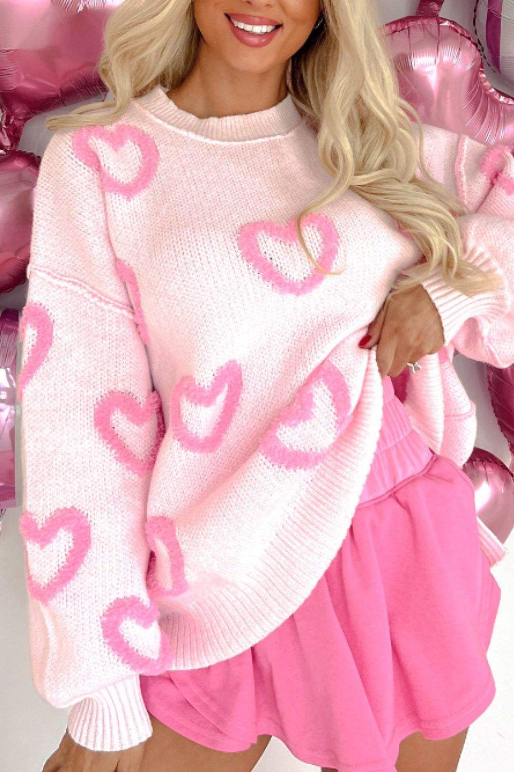 High-Low Heart Round Neck Long Sleeve Sweater - Trendsi - Flyclothing LLC