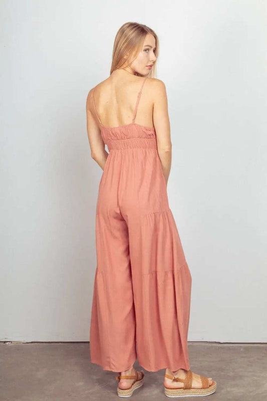 VERY J Sleeveless Ruched Wide Leg Jumpsuit - Trendsi - Flyclothing LLC