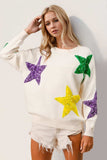 Double Take Sequin Star Round Neck Dropped Shoulder Sweater - Trendsi - Flyclothing LLC