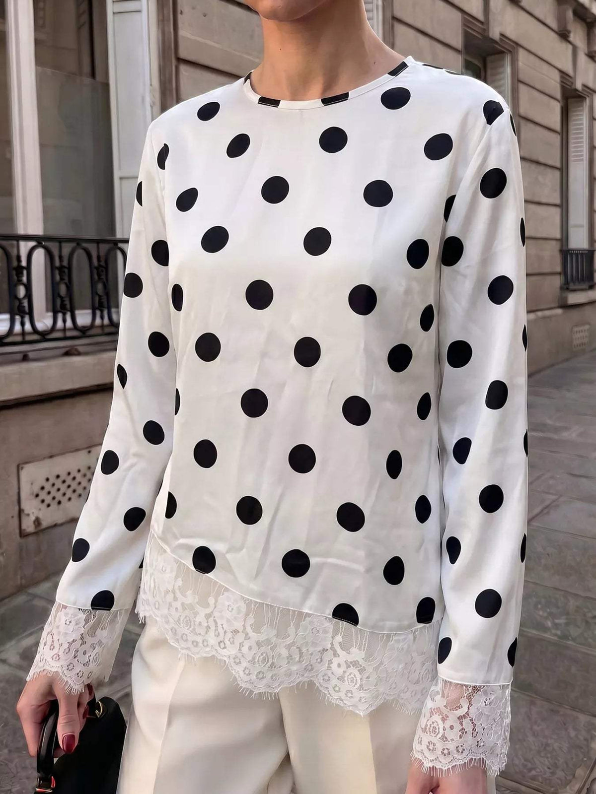 Polka Dot Satin Top with Lace Trim - Trendsi - Flyclothing LLC