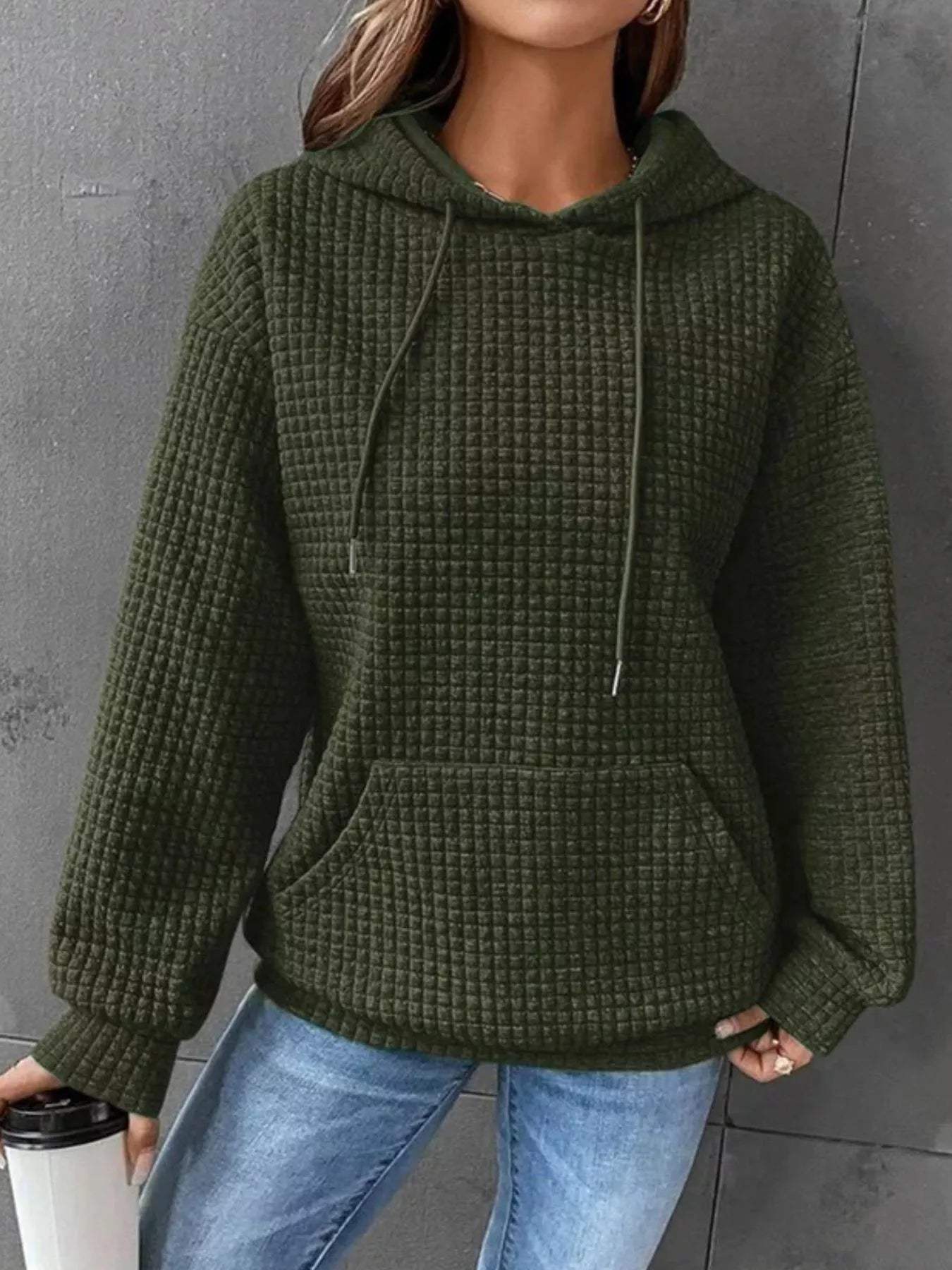 Full Size Textured Kangaroo Pocket Hoodie Plus Size - Trendsi - Flyclothing LLC