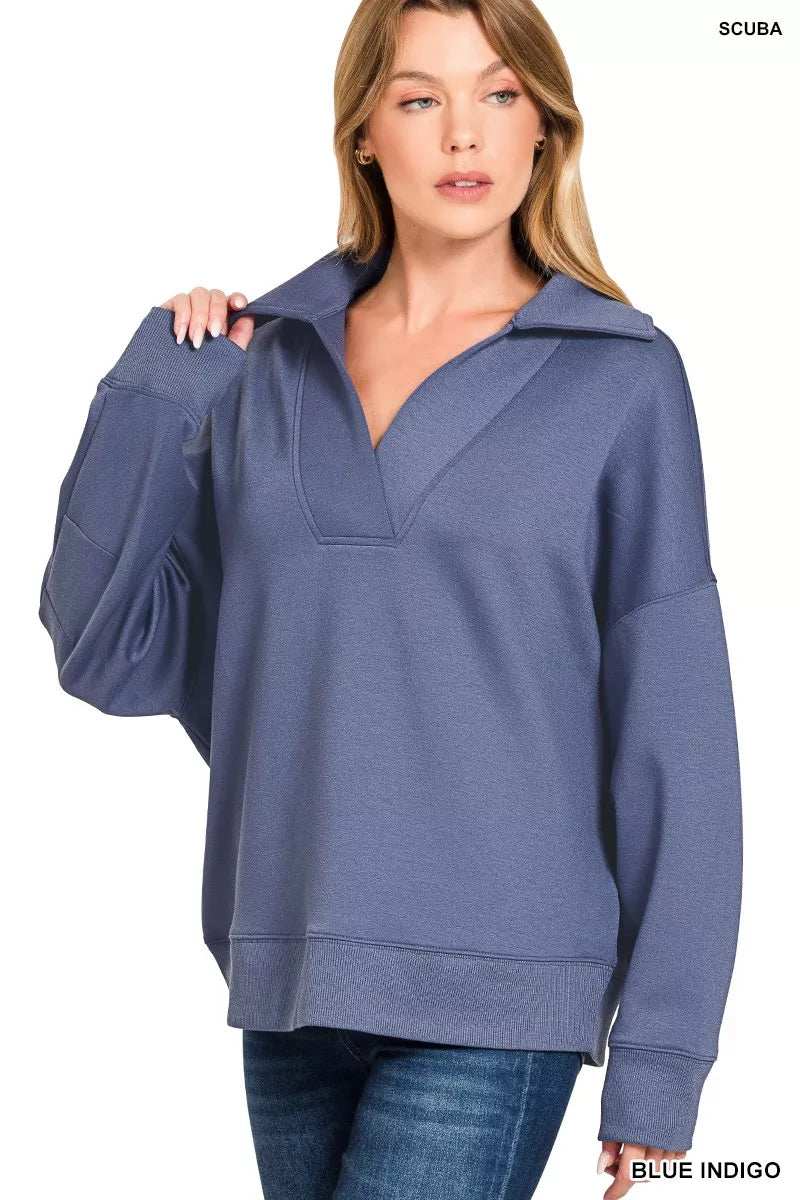 Zenana Scuba Collared Pullover and Pants Set - Trendsi - Flyclothing LLC