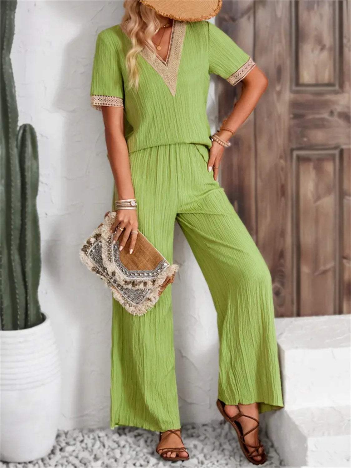 V-Neck Short Sleeve Top and Pants Set - Trendsi - Flyclothing LLC