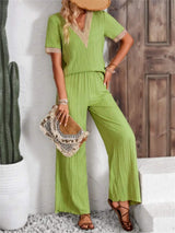 V-Neck Short Sleeve Top and Pants Set - Trendsi - Flyclothing LLC