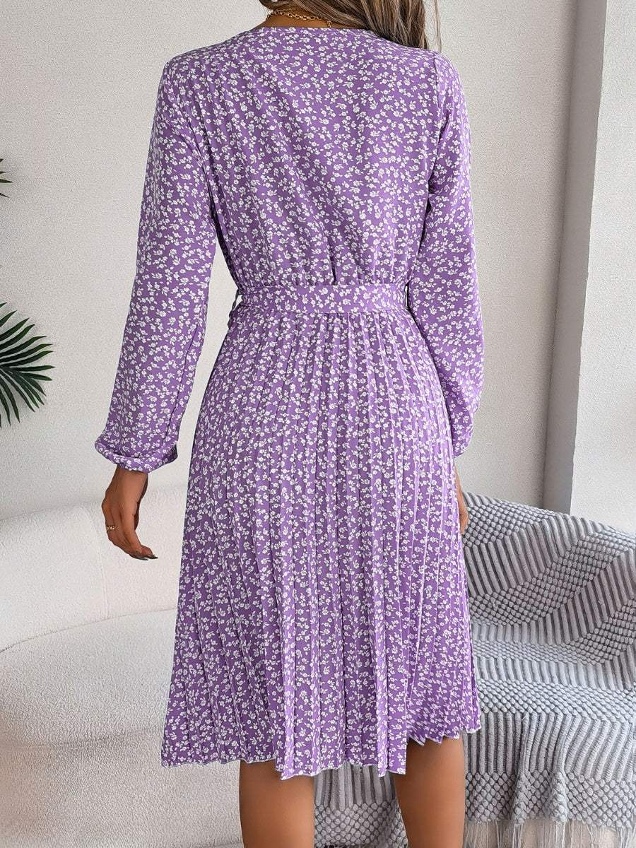 Ditsy Floral Tie Waist Pleated Dress - Trendsi - Flyclothing LLC