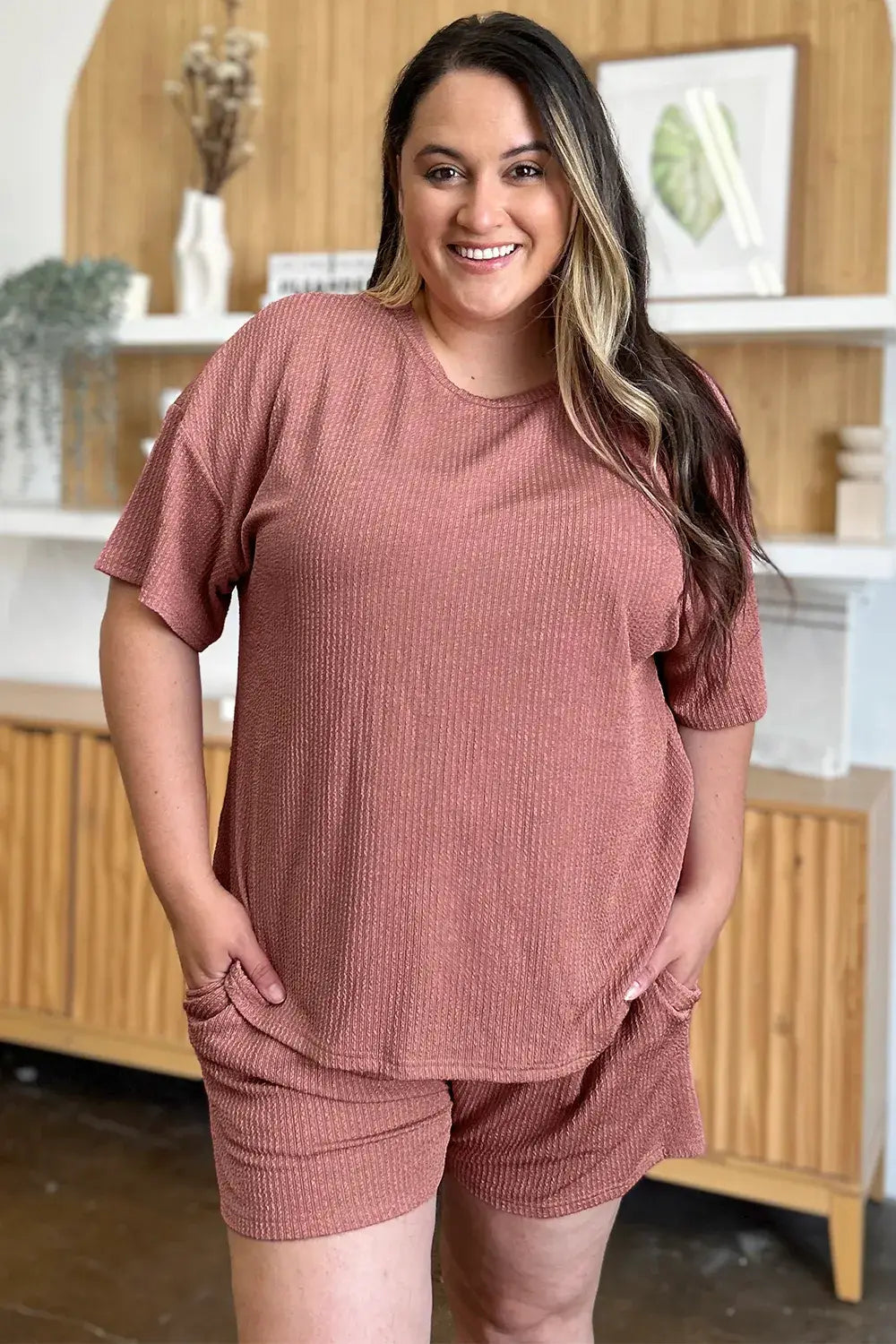 Double Take Full Size Round Neck Short Sleeve T-Shirt and Shorts Set - Trendsi - Flyclothing LLC
