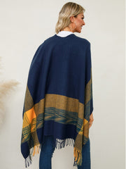 Fringe Contrast Plaid Poncho - Trendsi