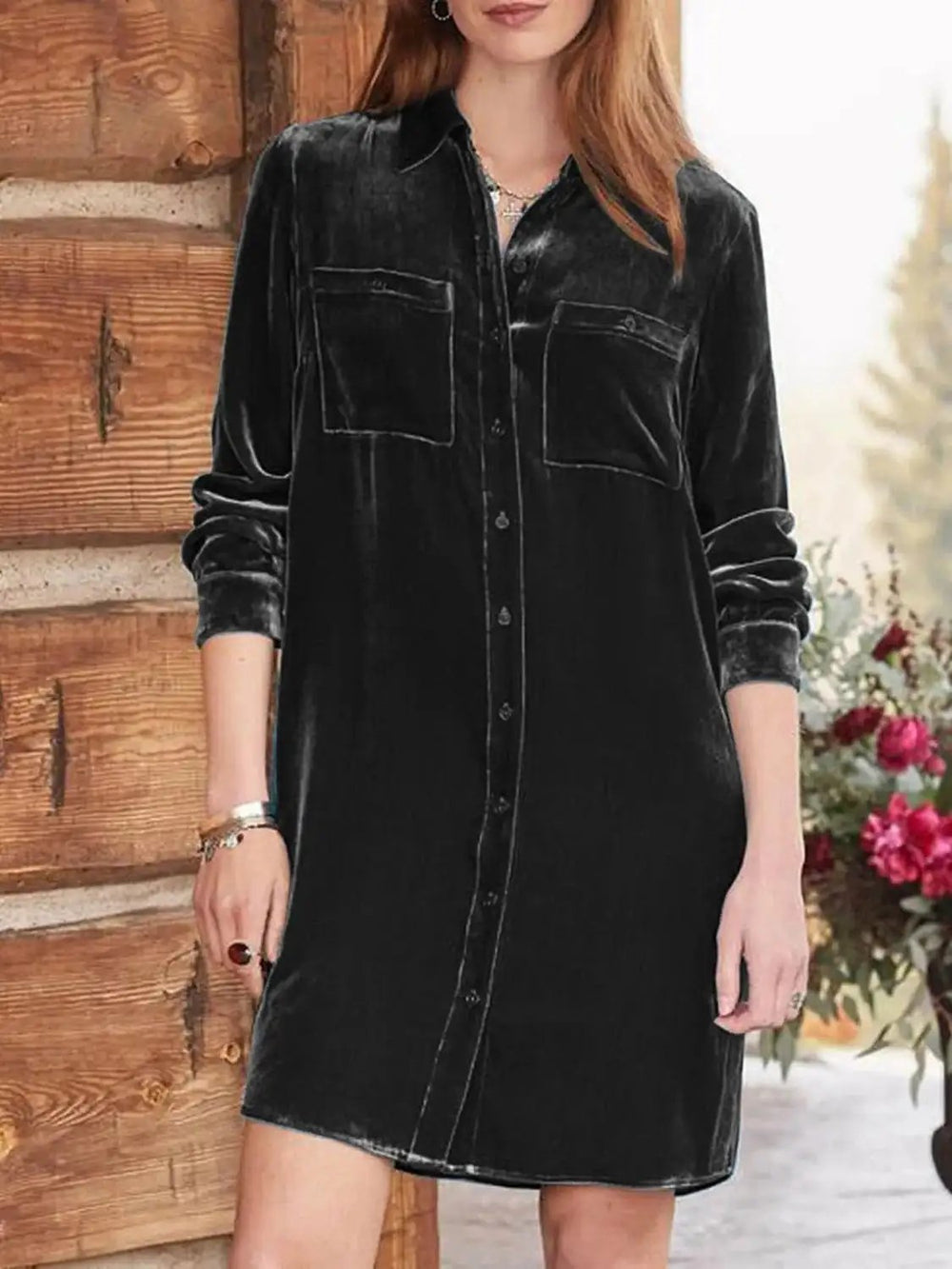 High-Low Button Up Long Sleeve Knee Length Dress - Trendsi