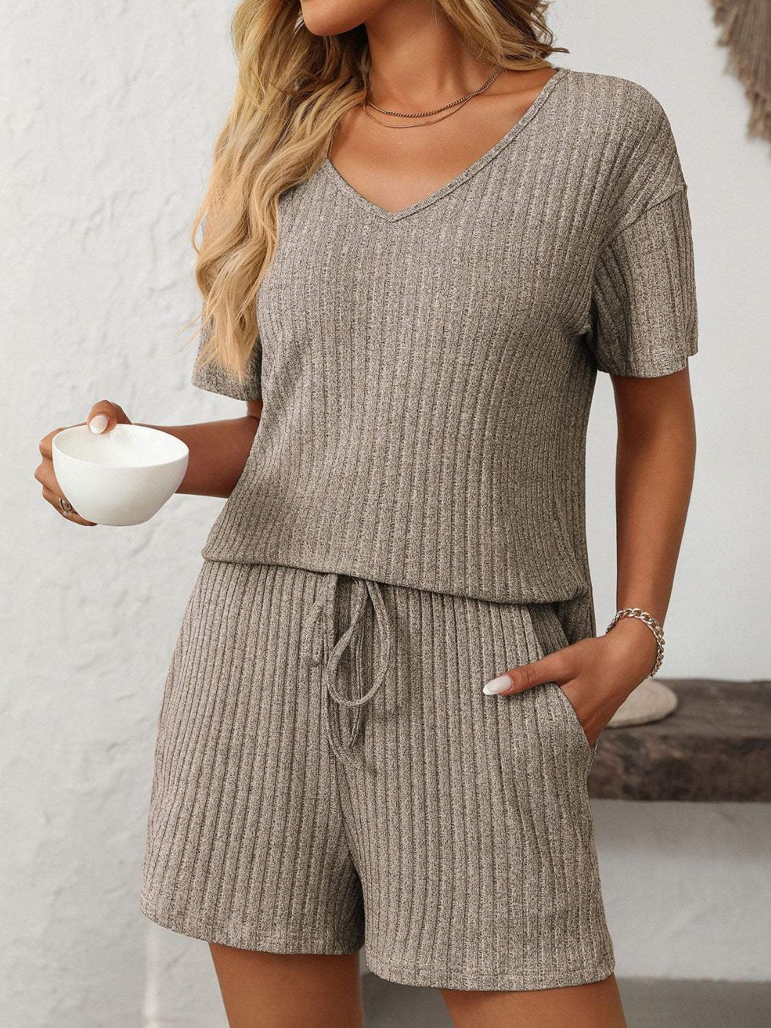 Mandy V-Neck Short Sleeve Top and Shorts Set - Trendsi - Flyclothing LLC