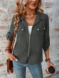 Zip Up Collared Neck Roll-Tab Sleeve Jacket - Trendsi - Flyclothing LLC