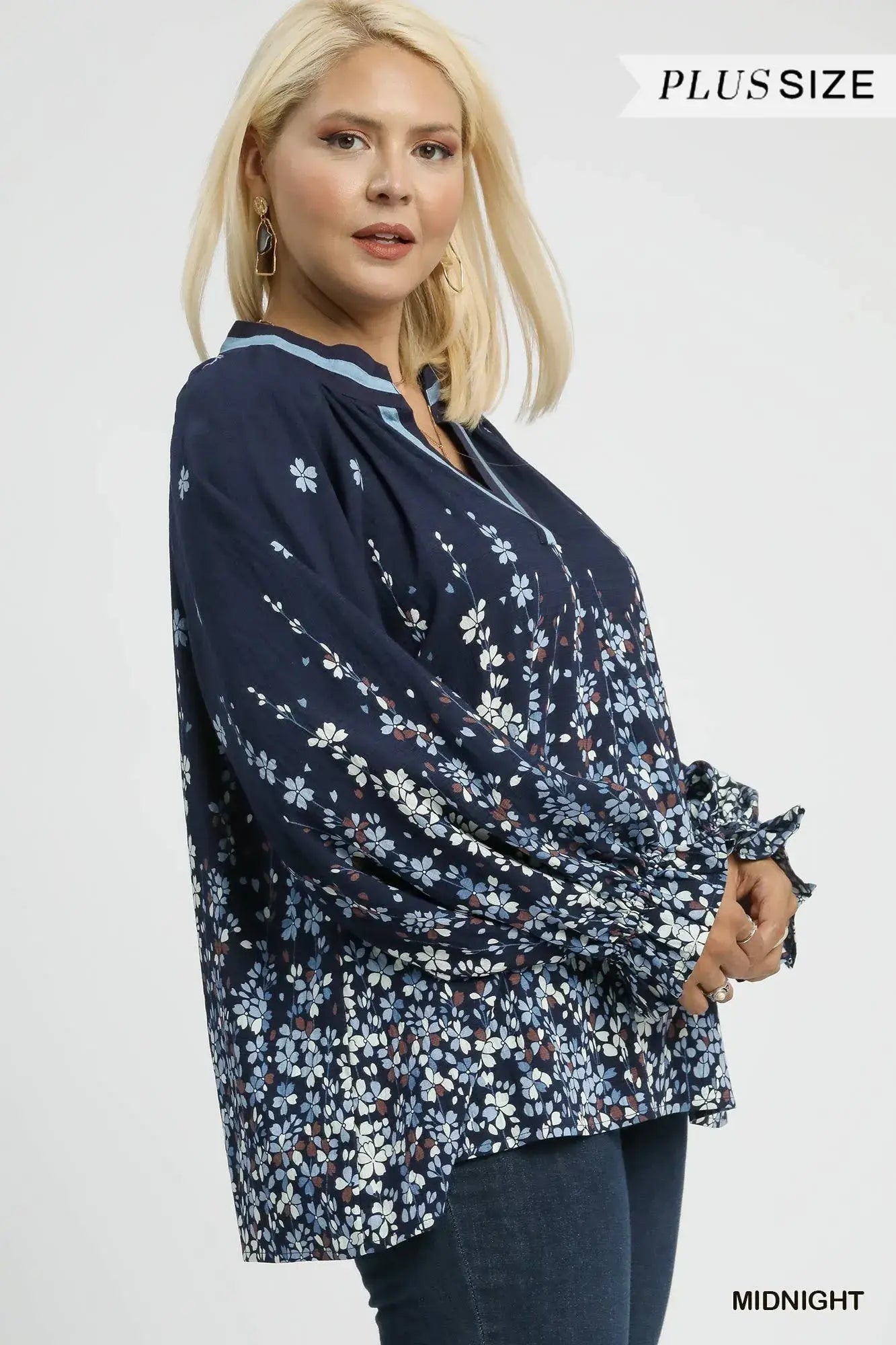 Umgee Full Size Floral Vine Print Blouse with Balloon Sleeves Plus Size - Trendsi - Flyclothing LLC