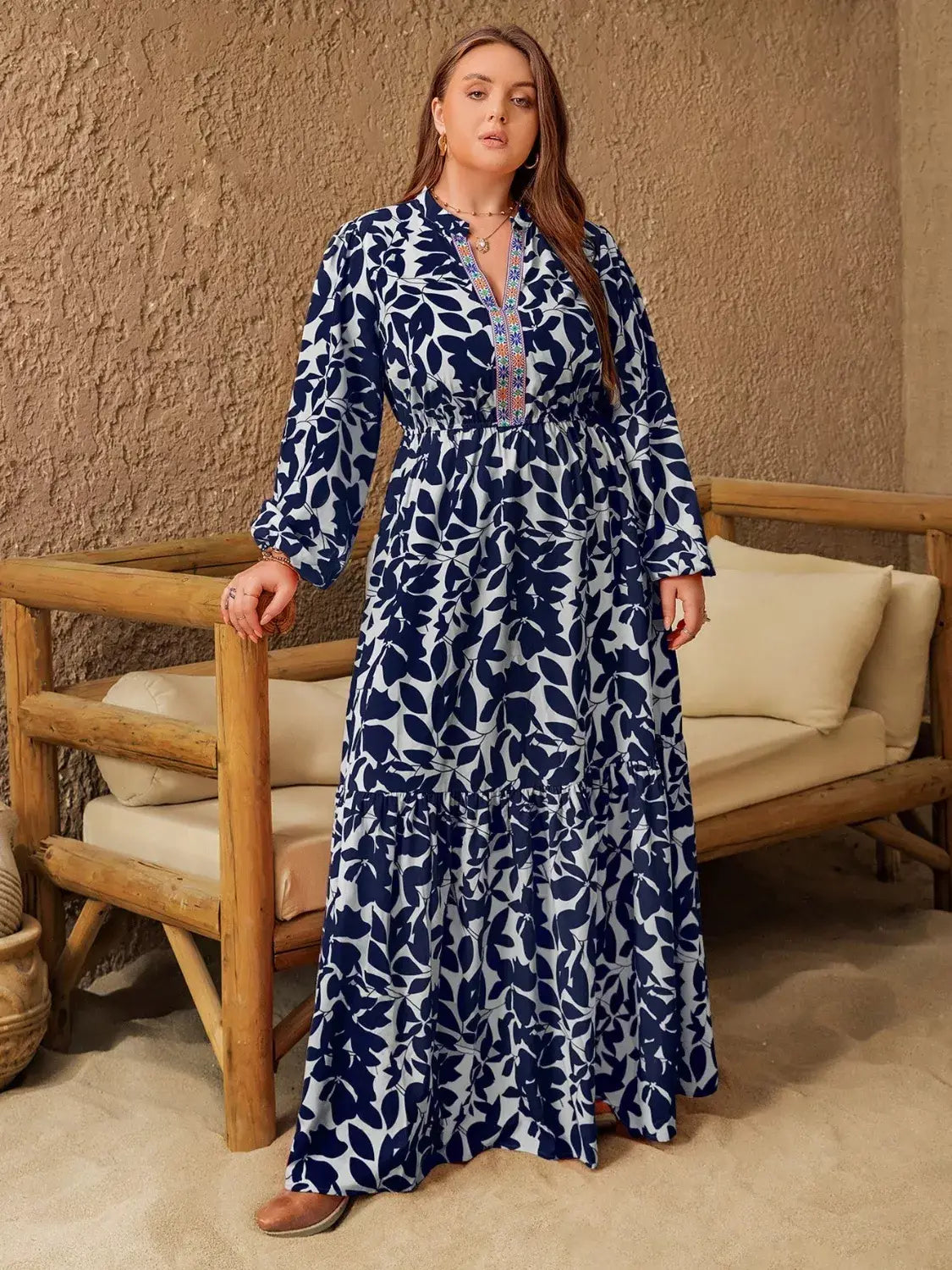 Plus Size Floral Print Notched Long Sleeve Maxi Dress - Trendsi - Flyclothing LLC