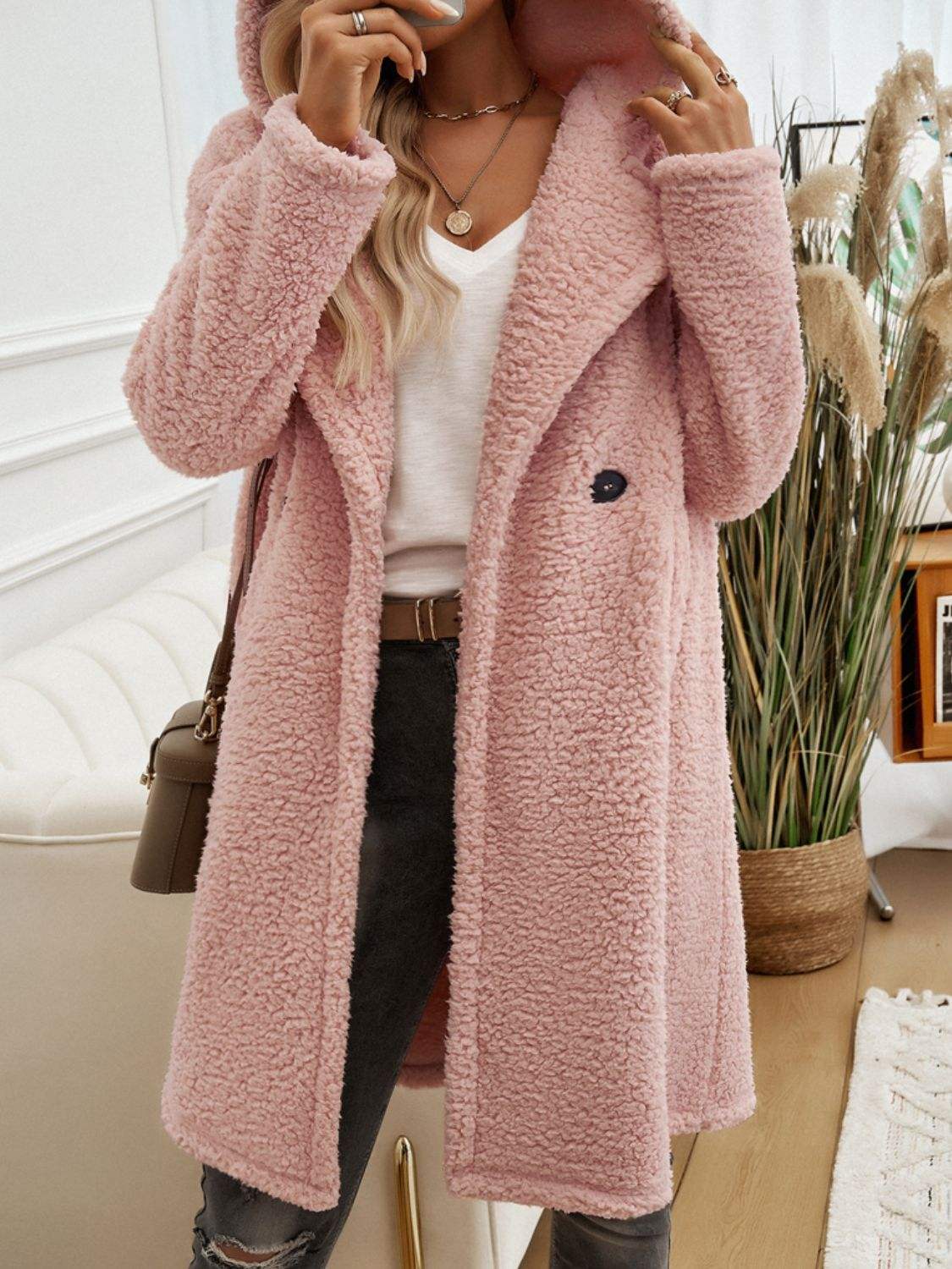 Devine Pocketed Long Sleeve Hooded Teddy Coat - Trendsi - Flyclothing LLC