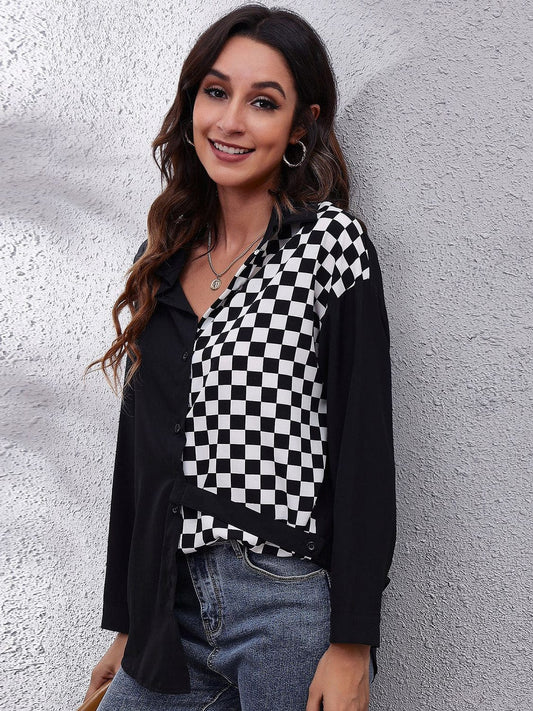 Printed Collared Neck Long Sleeve Shirt - Trendsi