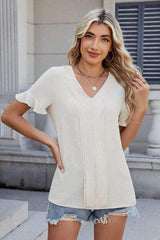 V-Neck Short Sleeve Blouse - Trendsi - Flyclothing LLC