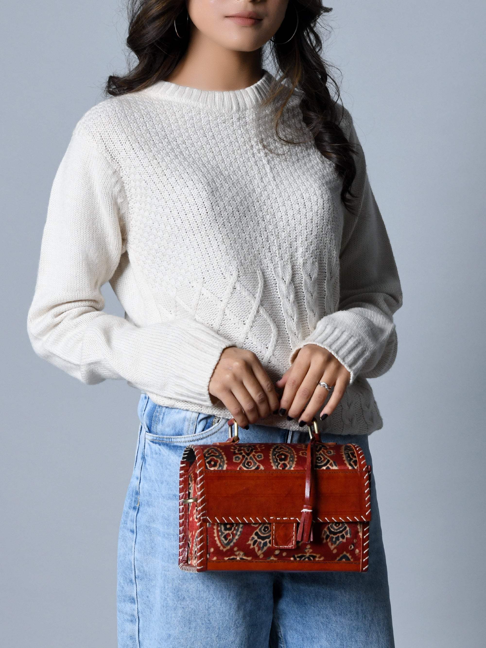 Maroon Mystique Ajrakh Satchel Purse - Classy Leather Bags - Flyclothing LLC
