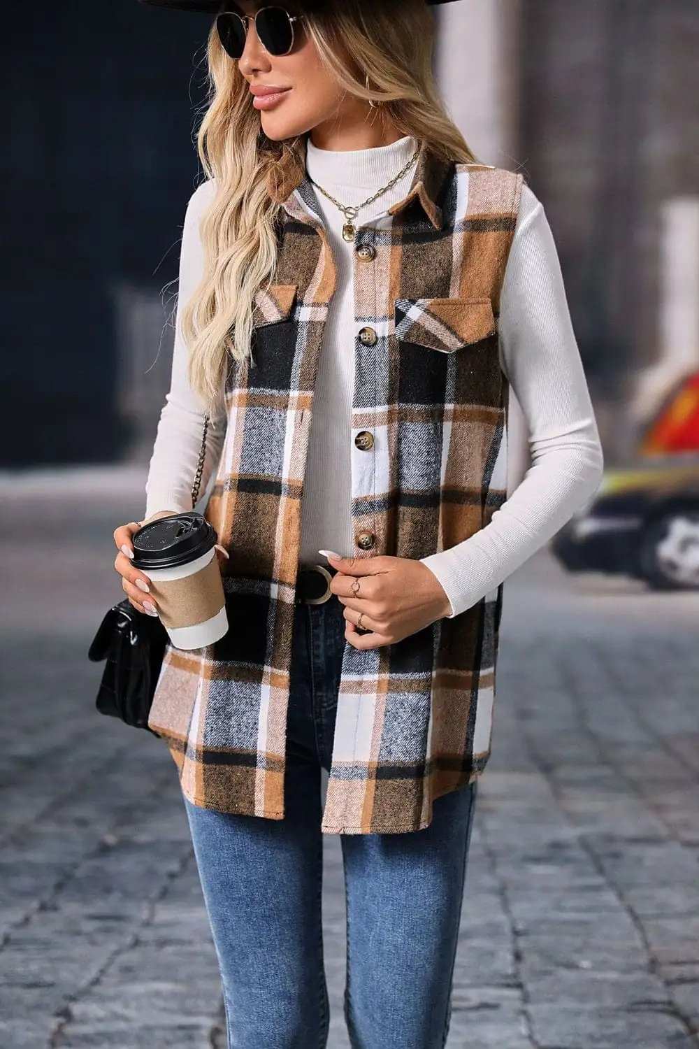 Plaid Button Up Vest Coat - Trendsi - Flyclothing LLC